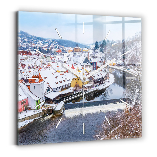 Štvorcové nástenné hodiny Panoráma mesta v zime