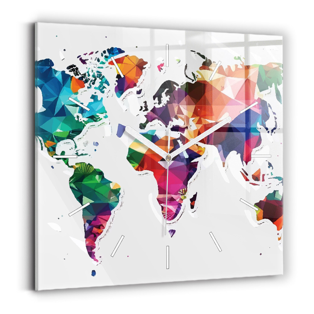 Štvorcové nástenné hodiny Trojuholníky na mape sveta