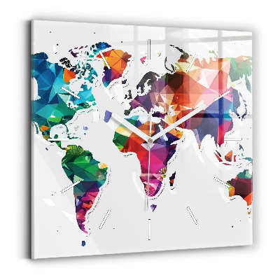 Štvorcové nástenné hodiny Trojuholníky na mape sveta