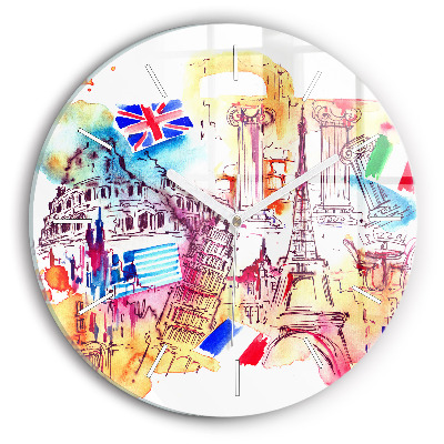 Vertikálne sklenené hodiny Európske pamiatky v akvareli